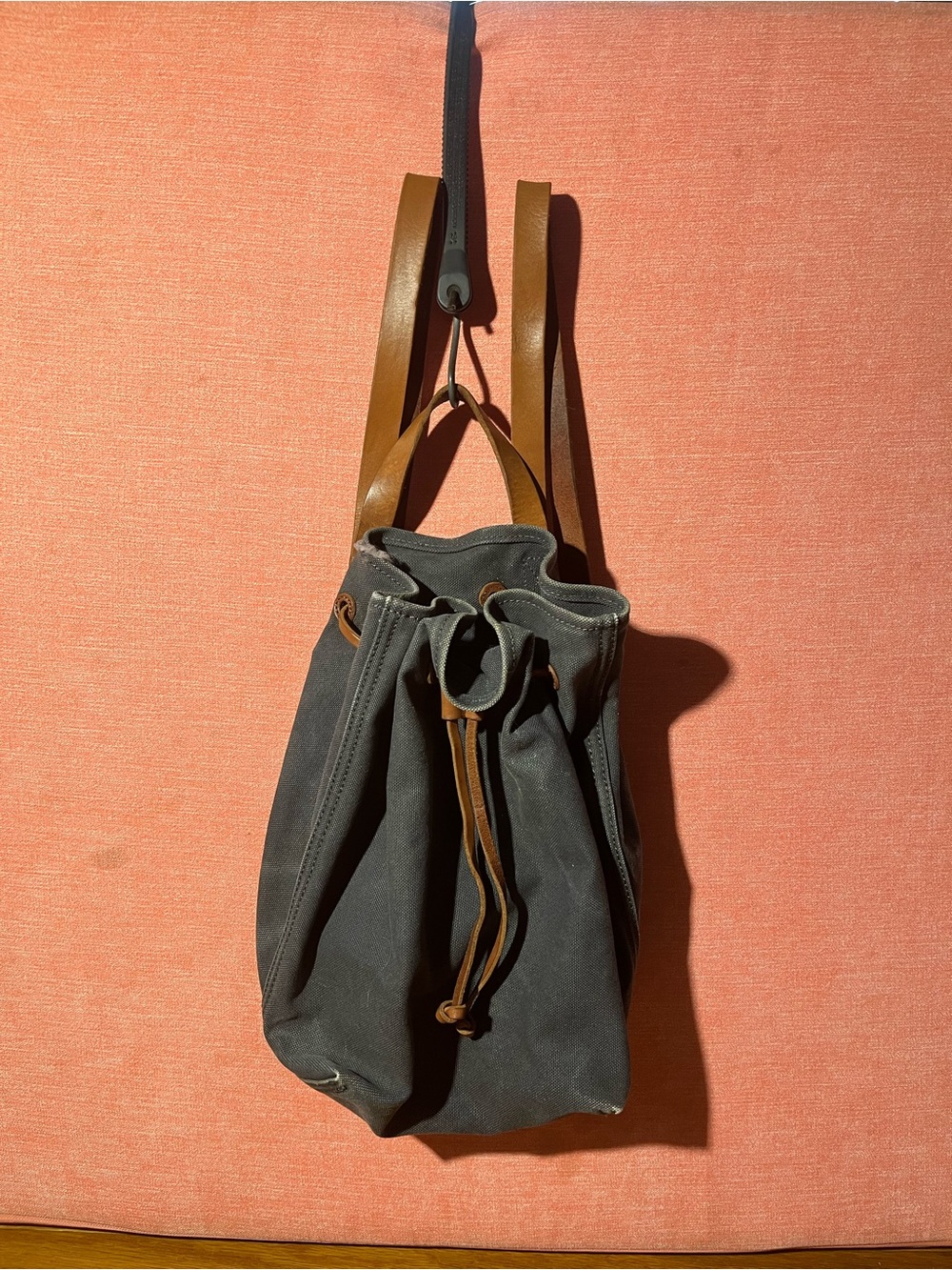 Madewell Canvas Somerset Backpack Gray Brown Leather Drawstring Bucket Bag